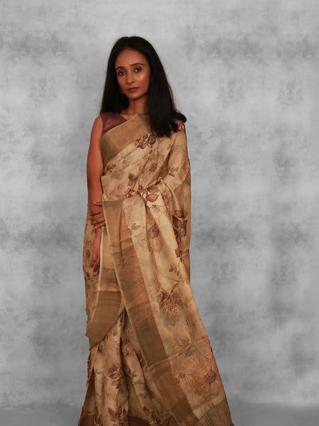 Saumya Beige Tussar Silk Saree with Golden Border – Lightweight Handwoven Saree for Subtle Festive Elegance