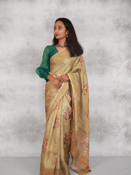 Gul- Daasta Beige Tussar Silk Saree with Gold Woven Border – Lightweight Handwoven Saree for Subtle Festive Elegance
