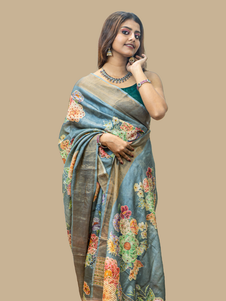 Radiant Rust Premium Light Grey Tussar Silk Saree for Festive & Occasion Wear