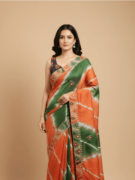 Bhandhej virasat Elegant Tri-Color Pure Tussar Saree with Leheria Tie-Dye & Lambani Handwork