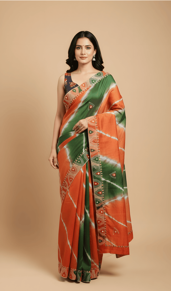 Bhandhej virasat Elegant Tri-Color Pure Tussar Saree with Leheria Tie-Dye & Lambani Handwork