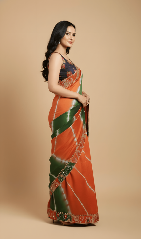 Bhandhej virasat Elegant Tri-Color Pure Tussar Saree with Leheria Tie-Dye & Lambani Handwork