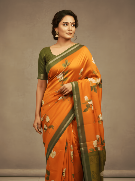 Saffron petal Women’s Orange Chanderi Floral Printed Saree for Special Occasions