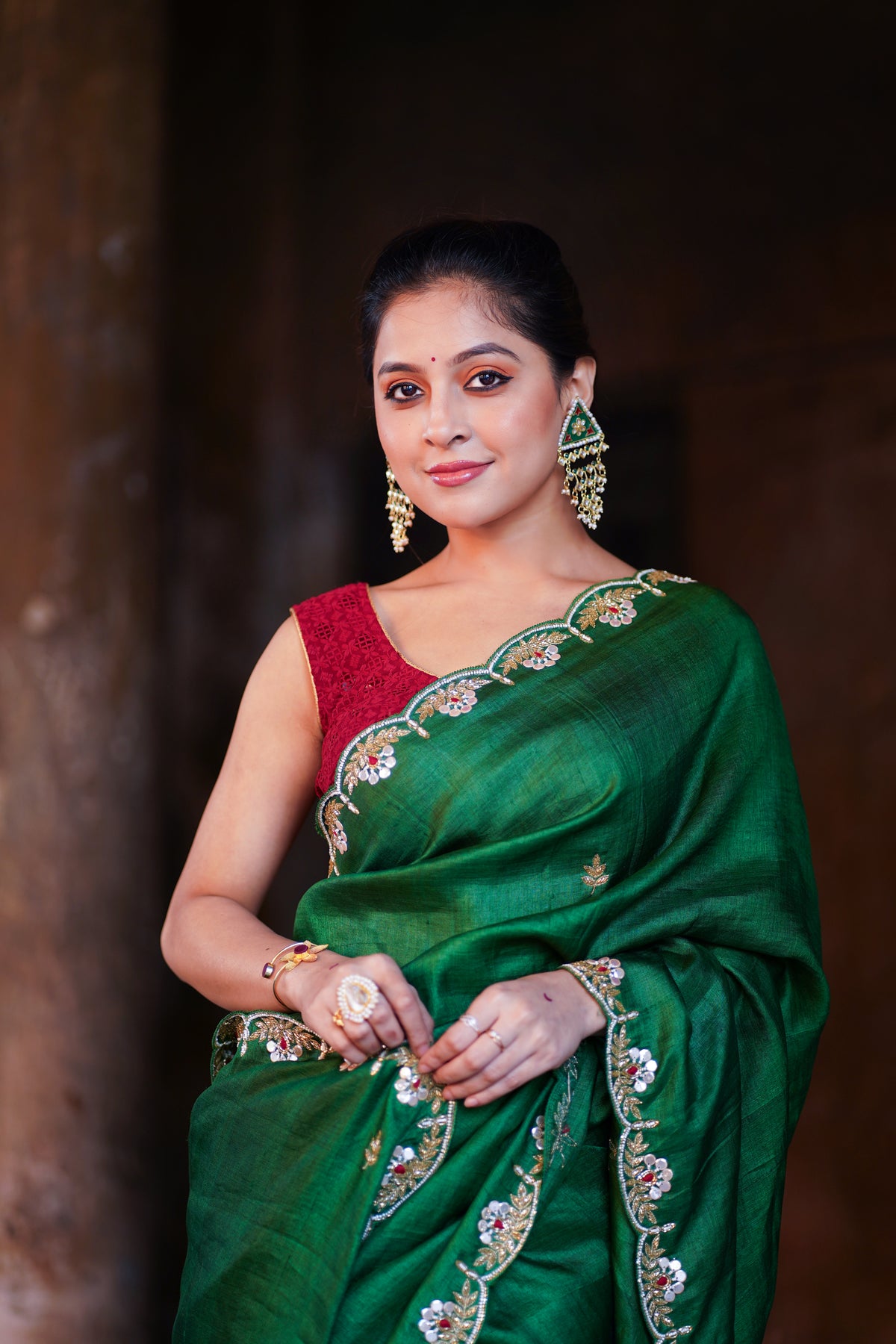 Ruby Premium Emerald Green Tussar Silk Saree with Rich Texture & Timeless Appeal