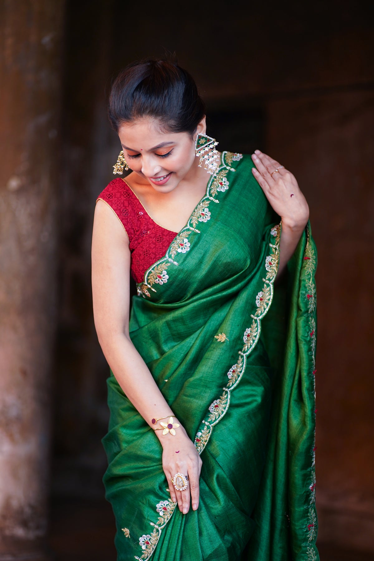 Ruby Premium Emerald Green Tussar Silk Saree with Rich Texture & Timeless Appeal
