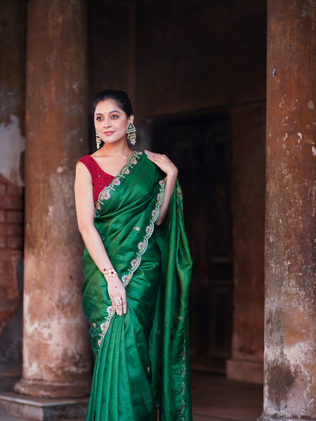 Ruby Premium Emerald Green Tussar Silk Saree with Rich Texture & Timeless Appeal