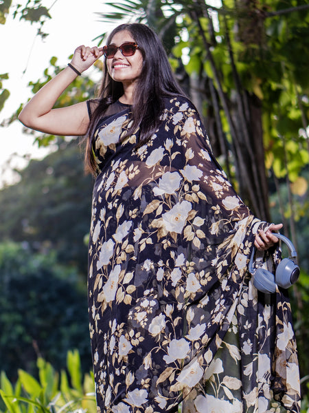 Black Floral Elegance Black Georgette Saree for Women – Party Wear & Festive Elegant Saree