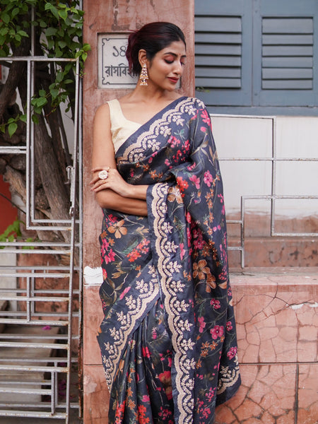 Layla Black Tussar Silk Saree – Elegant Handwoven Traditional Silk Saree for Festive & Party Wear