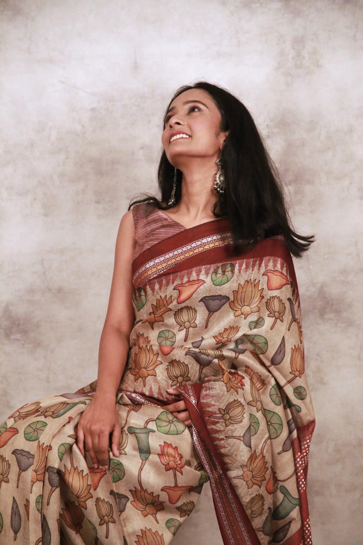 Kalamkari Bloom on Tusser Traditional Handloom Tussar Saree in Beige with Maroon Border