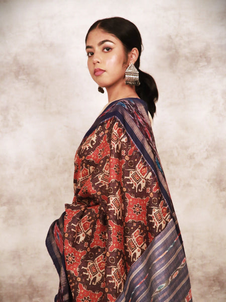 Heritage Blend Classic Brown & Red Handloom Saree with Navy Blue Border – Vidarbha Temple Style Tussar Silk Saree