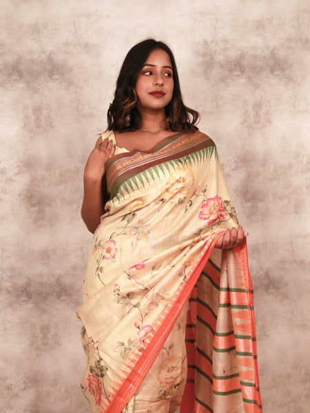 Crimson Peatals In The Wild Elegant Beige Vidarbha Temple Handloom Saree with Orange Border – Traditional Ethnic Wear