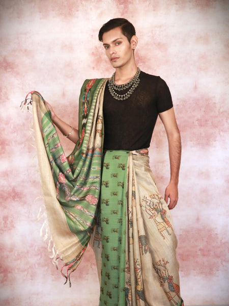 Gondic Euphony Blend Beige and Green Border Vidarbha Temple Handloom Tussar Saree – Elegant Traditional Wear