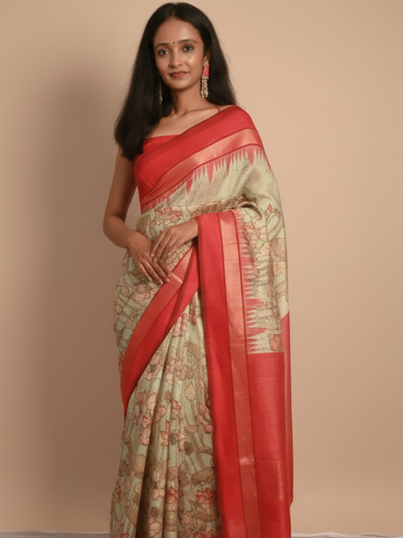 Tales of tradition Elegant Mint Green Handloom Saree with Red Border Traditional Wear