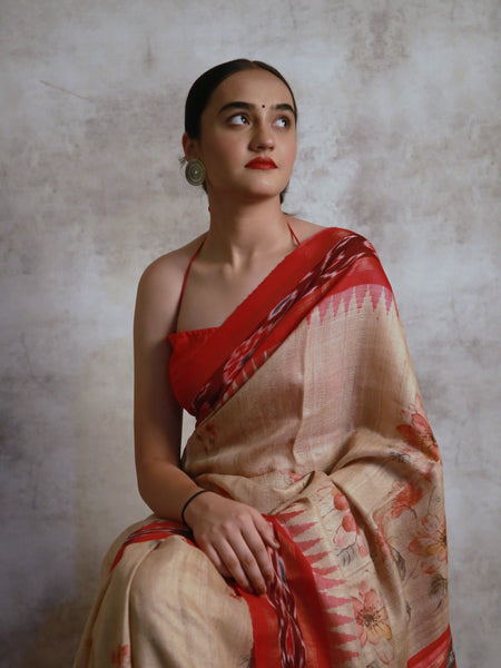 Ikat Mirage Beige with Red Border Vidarbha Temple Handloom Tussar Silk Saree | Traditional Ethnic Wear