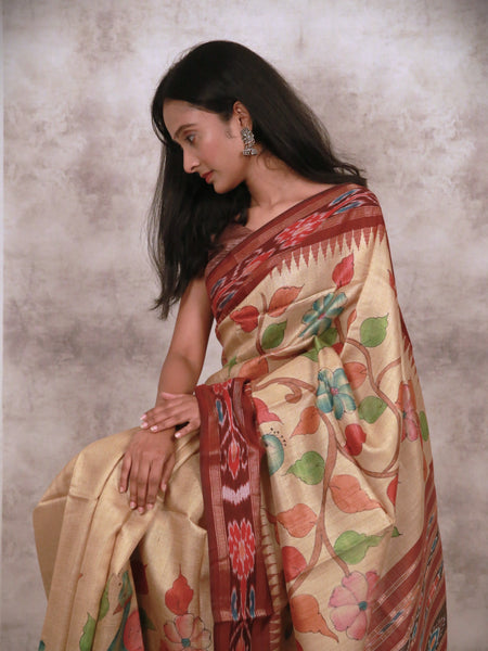 Classic Floral Charm Classic Beige Handloom Tussar Saree with Maroon Border – Vidarbha Temple Style Elegant Ethnic Saree