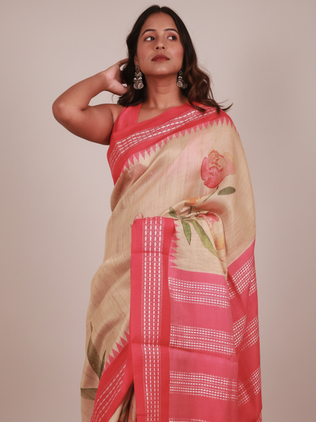 Soft tusser tale Premium Vidharbha Temple Beige Saree with Pink Border Saree