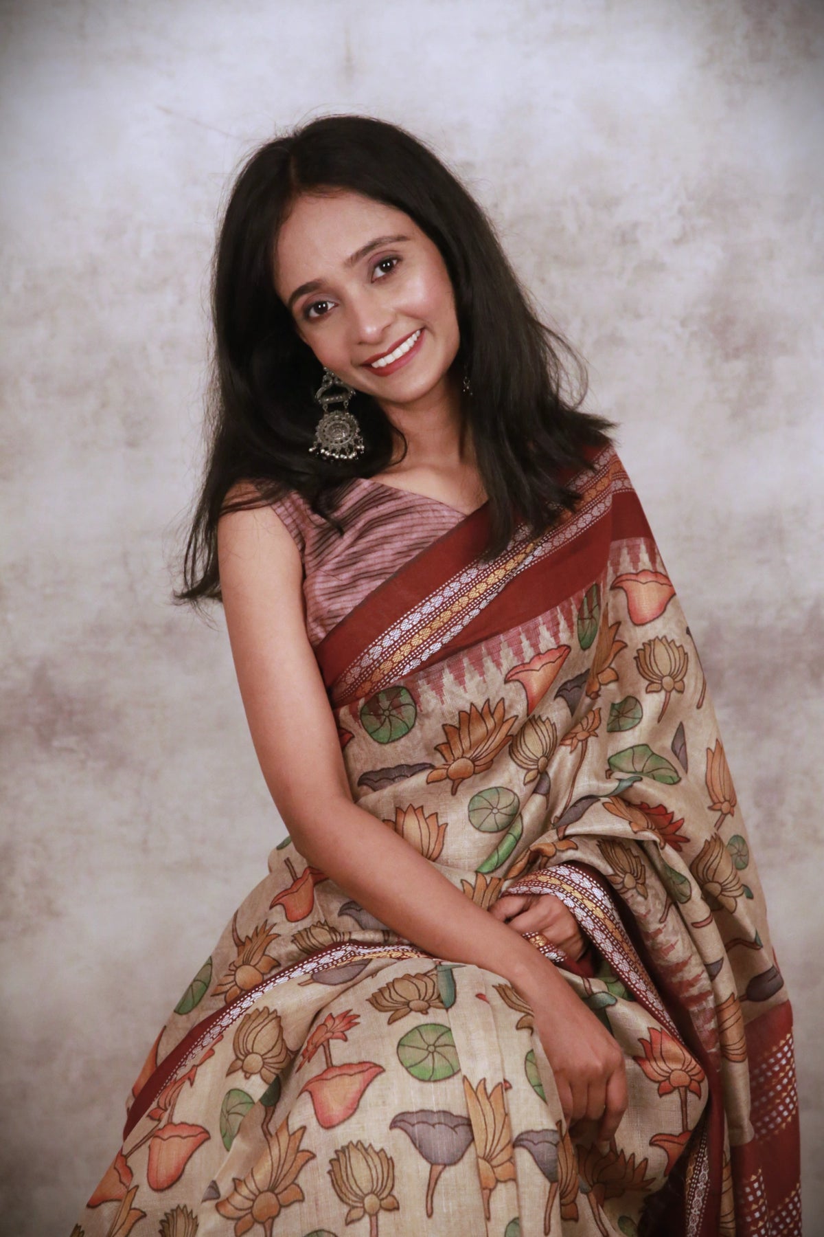 Kalamkari Bloom on Tusser Traditional Handloom Tussar Saree in Beige with Maroon Border