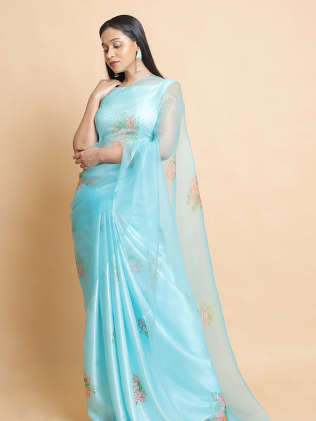 lazuli Designer Sky Blue Organza Saree for Wedding and Celebration Wear