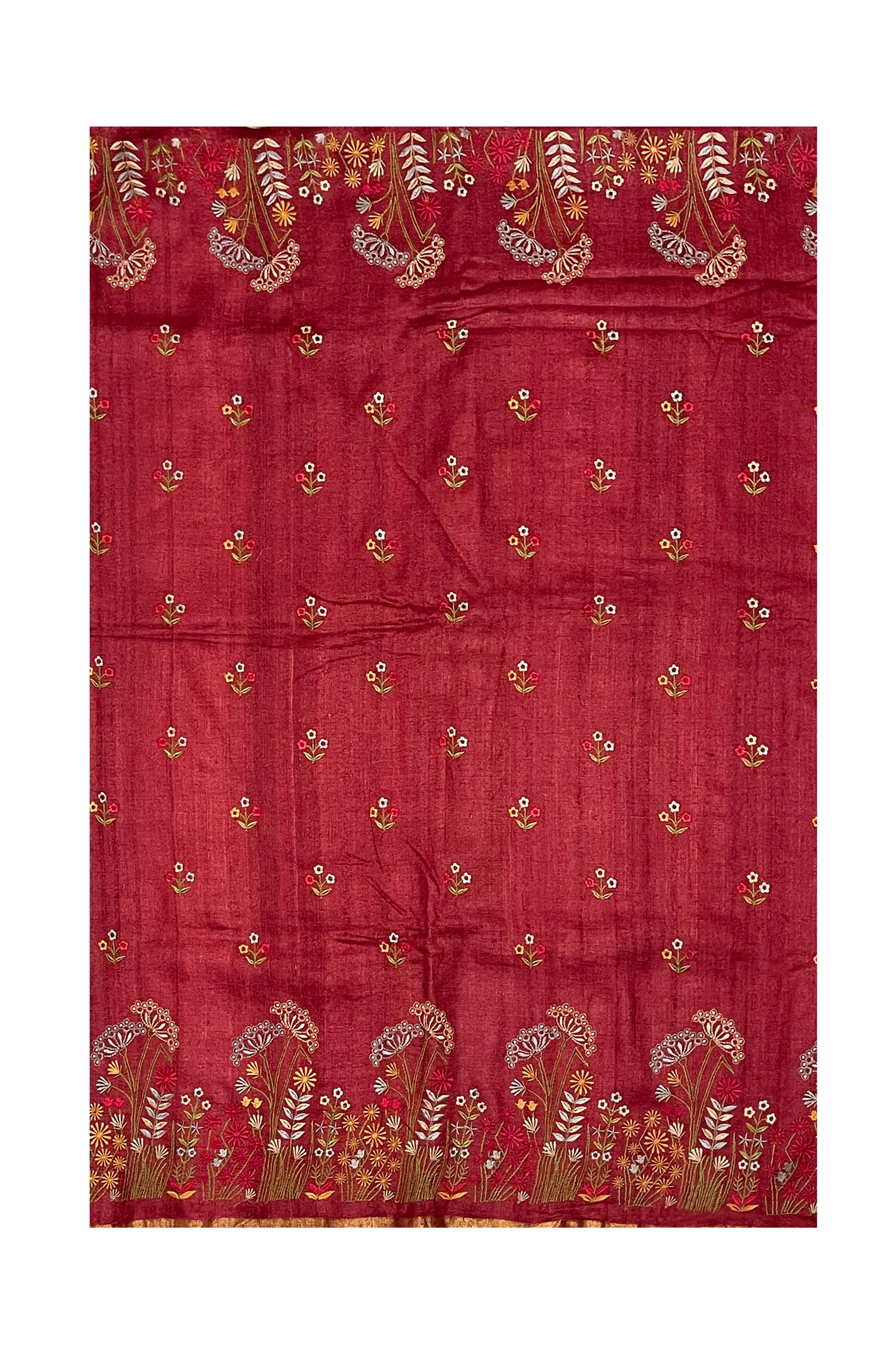 Floral Tussar Embroidered in red