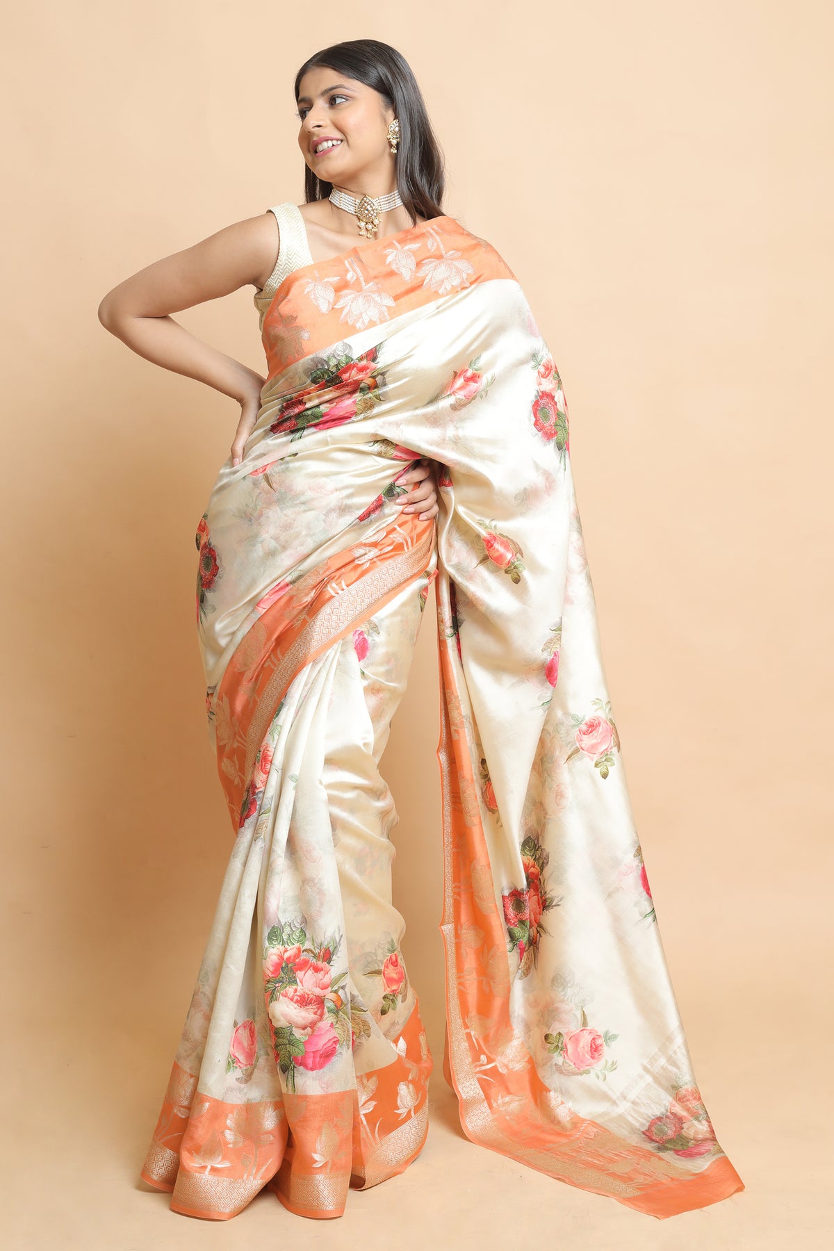 Chinyia 10 Elegant Dual Tone Beige and Orange Silk Saree in Chiniya Silk – Festive Wear