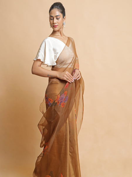 Arcadian Elegant Brown Organza Saree for Festive Wear