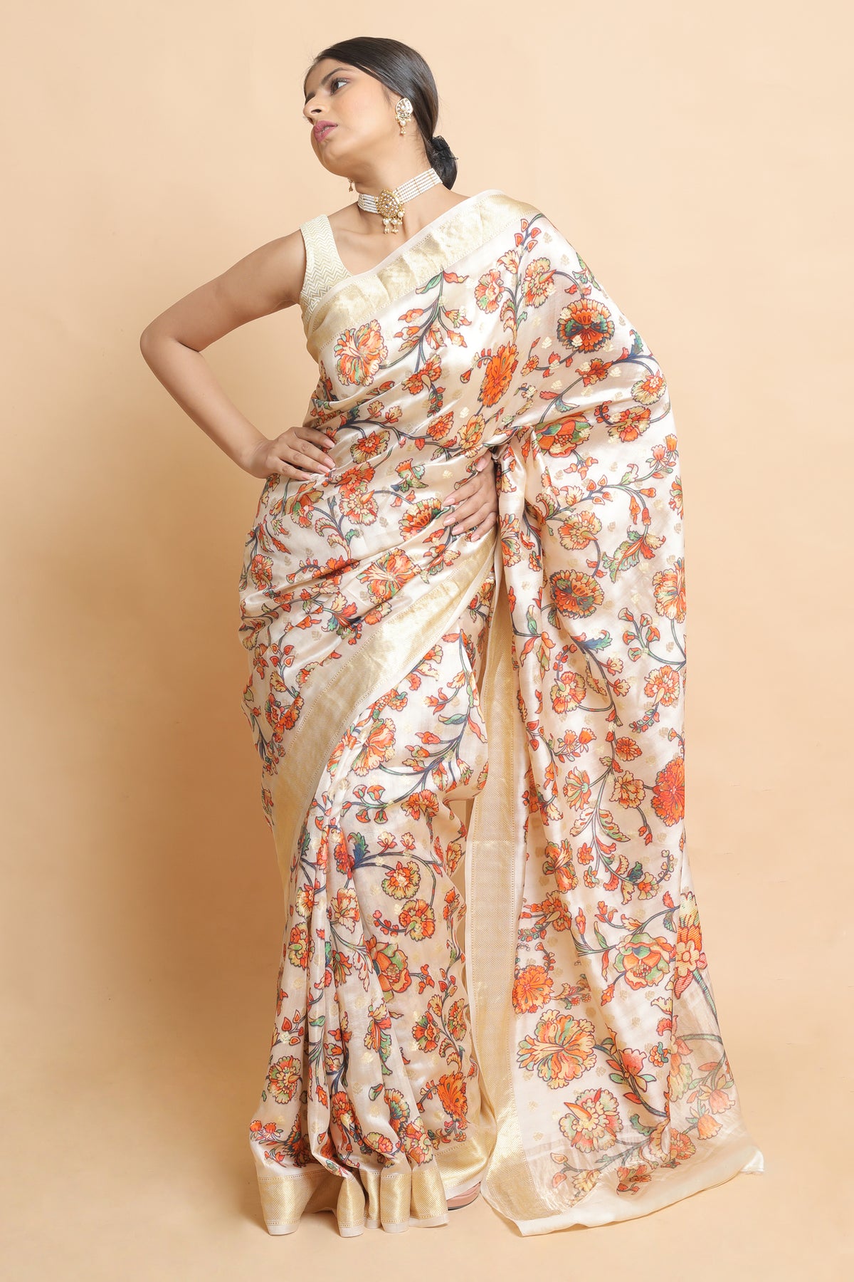 Chandaniya Cream Chiniya Silk Saree | Elegant Traditional Ethnic Wear Silk Saree