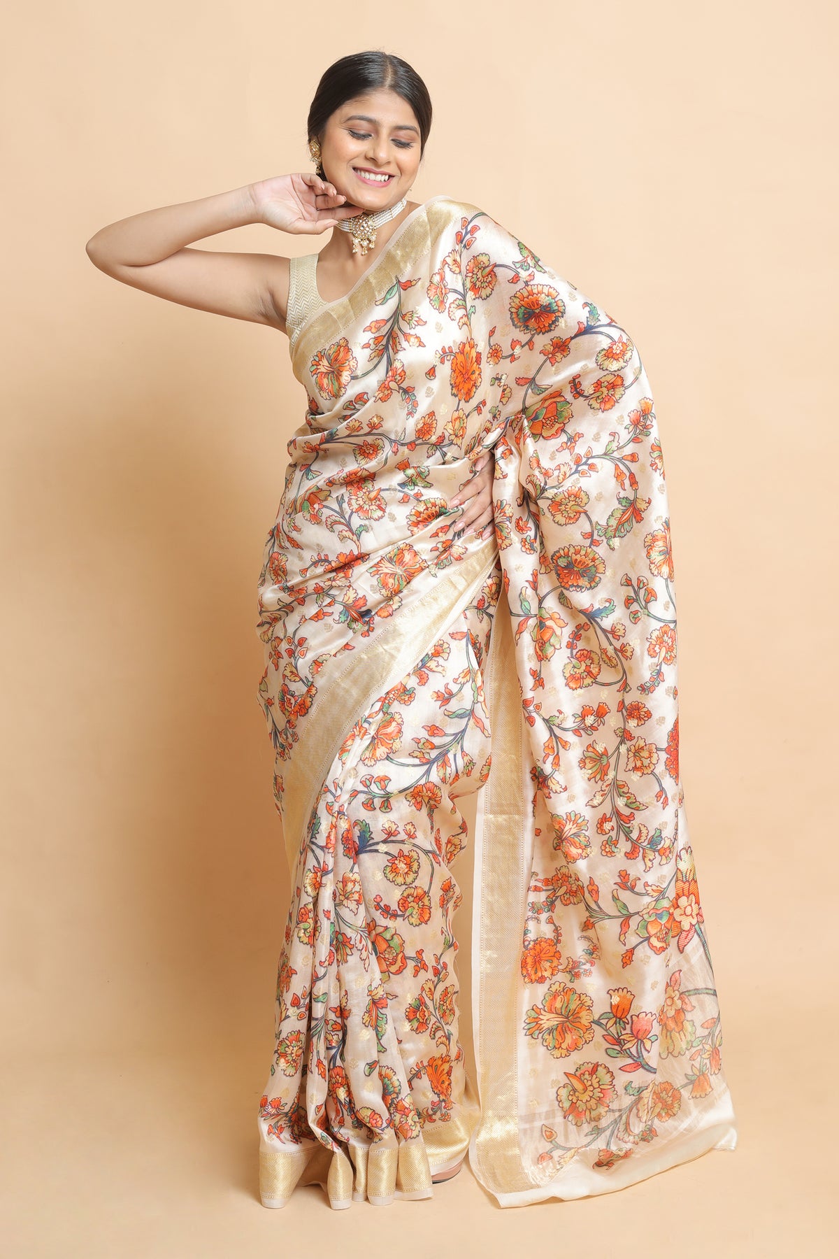 Chandaniya Cream Chiniya Silk Saree | Elegant Traditional Ethnic Wear Silk Saree