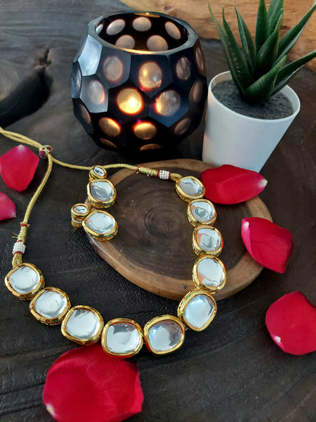 Kundan Set Elegant Gold Finish Kundan Jewelry Set – Necklace and Statement Earrings