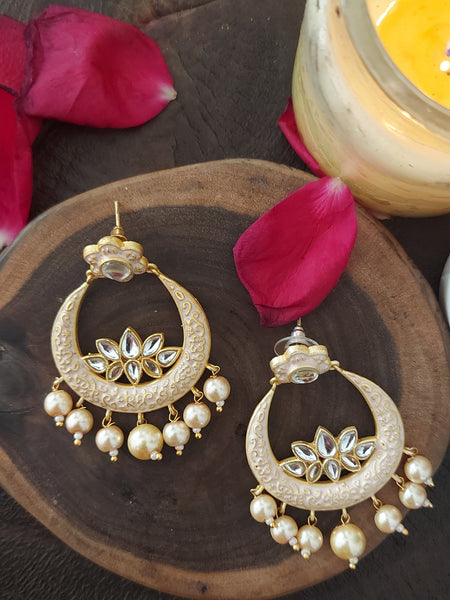 Kundan Beaded Jewel Traditional Wedding Kundan Earrings in Gold Tone with White Beads