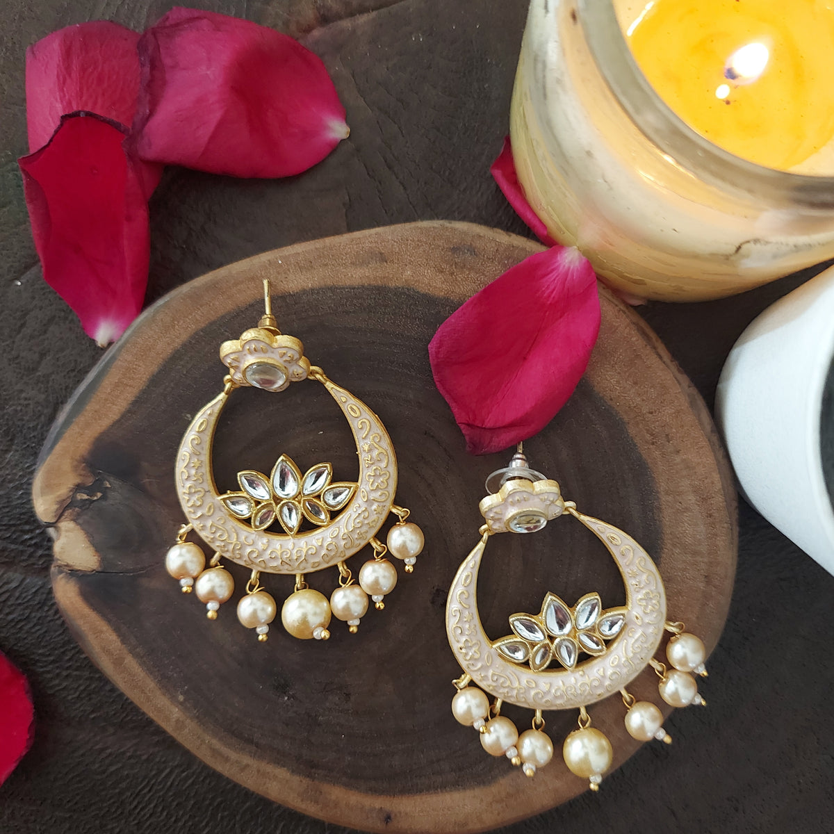 Kundan Beaded Jewel Traditional Wedding Kundan Earrings in Gold Tone with White Beads