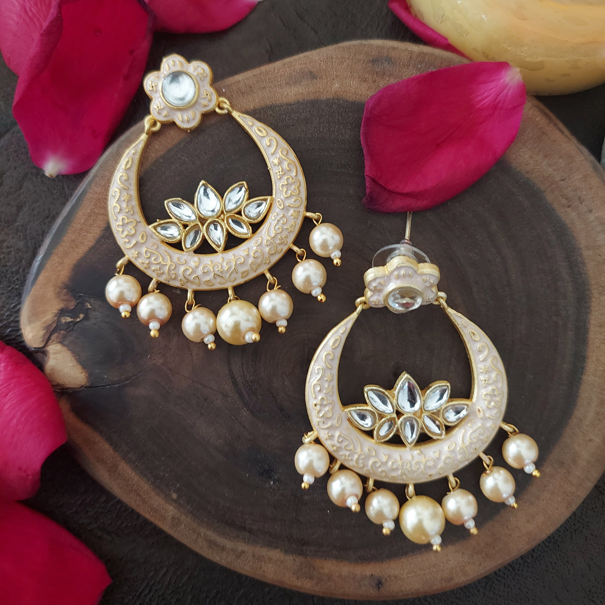 Kundan Beaded Jewel Traditional Wedding Kundan Earrings in Gold Tone with White Beads
