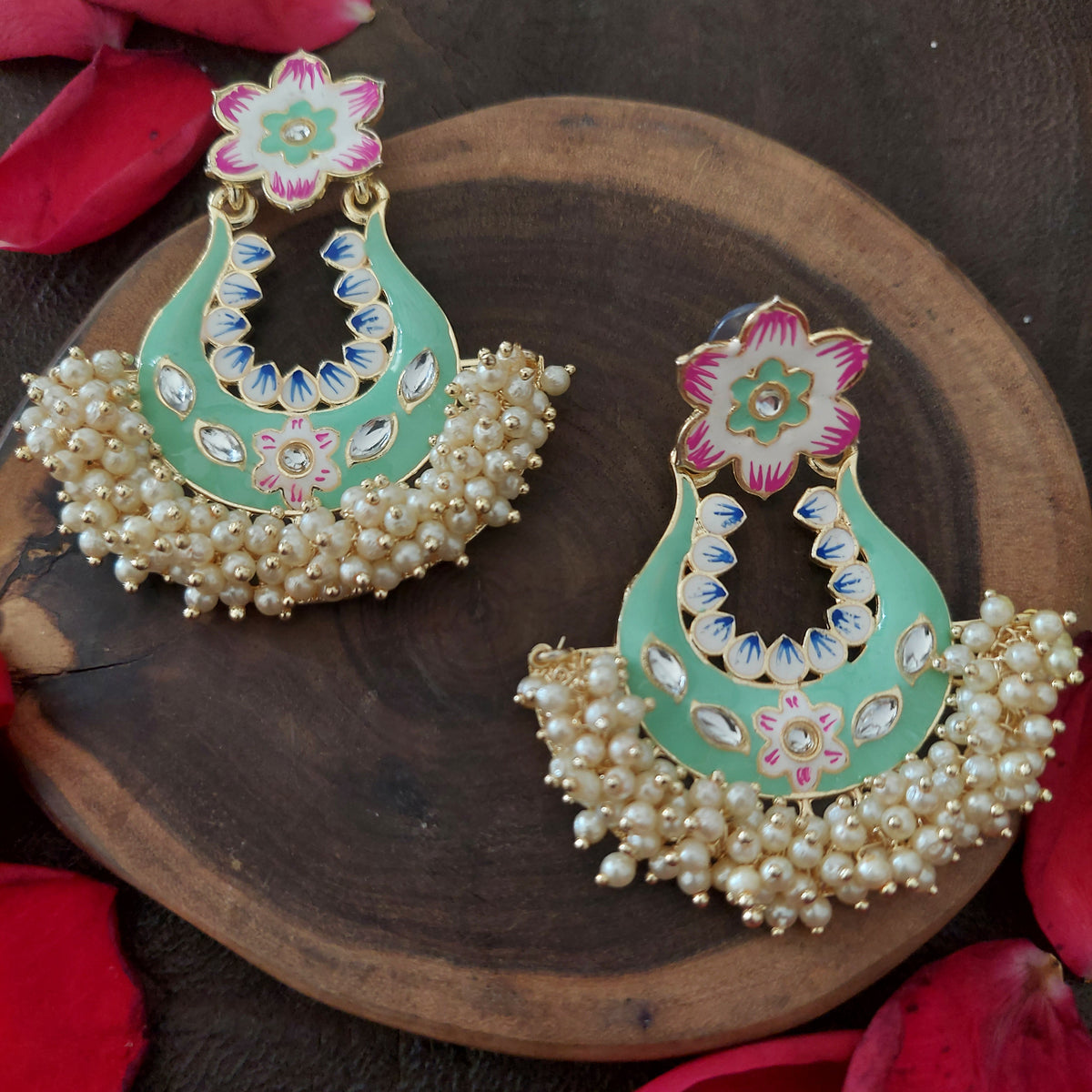 Beaded Flora Jewel Elegant Multicolor Statement Earrings with White Bead Cluster Design