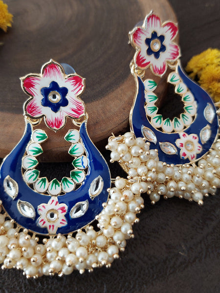 Beaded Flora Jewel Colorful Statement Earrings with Elegant White Raindrop Bead Cluster