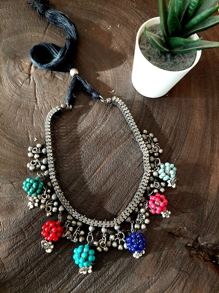 Rainbow Drop Neck-piece Traditional Silver Tone Necklace with Multi-Colored Detailing and Adjustable Fit