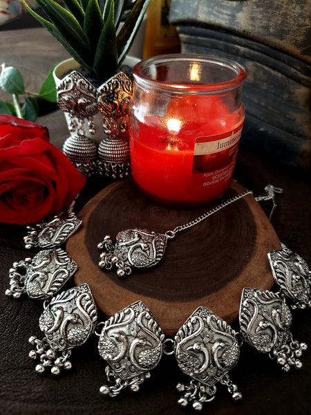 Silver antique Jewel Set Antique Finish Ornate Set with Beaded Detailing and Coordinated Adornments