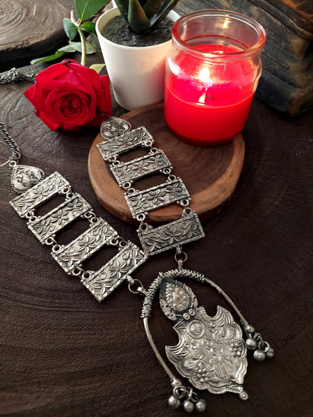 Antique Panel Neckpiece Traditional Oxidized Silver Statement Necklace Set for Festive Wear