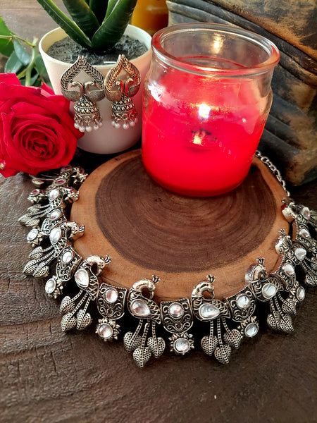 Classic Peacock Jewel Set Peacock Inspired White Stone Necklace Set with Silver Antique Finish and Jhumka Earrings