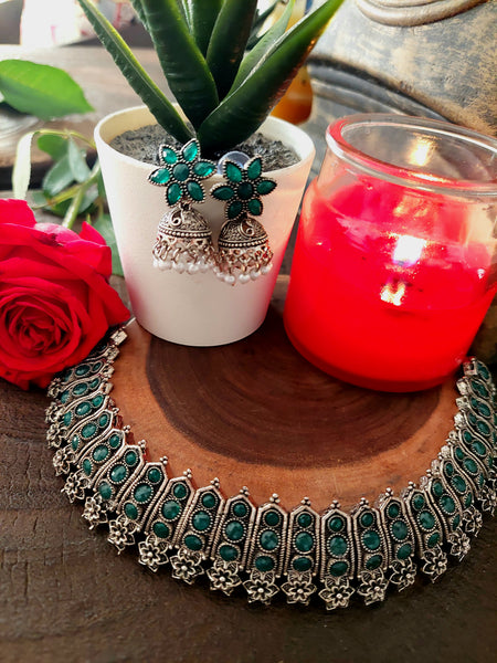 Classic Jewel Set Elegant Silver Finish Necklace Set with Emerald Green Stones and Drop Jhumka Earrings