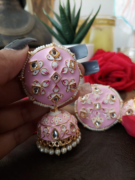 Round pastel Jhumka Stylish Gold Finish Jhumka Earrings with White Beads and Pastel Pink Detail