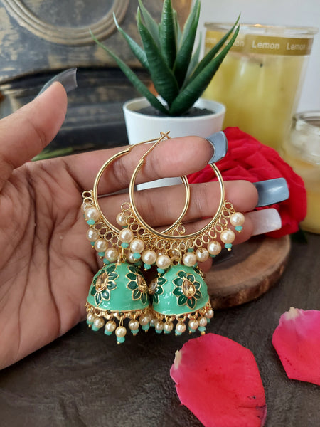 Trdaitional Round Jhumka Gold Finish Hanging Earrings with White Beaded Ring Design