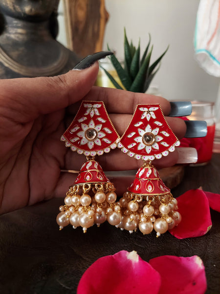Traditional jhumka pair Traditional Red Jhumka Earrings with White Drop Beads – Stylish Ethnic Jewelry