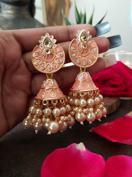 Traditional jhumka pair Pastel Pink Traditional Jhumka Earrings with White Drop Beads – Elegant Ethnic Jewelry