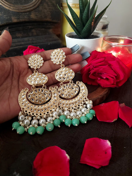 Kundan Jewel Classic Round Kundan Earrings – White and Sea Blue Color Accents