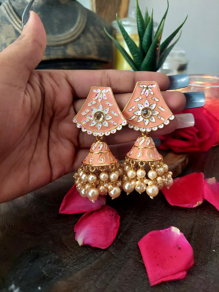 Pastel intricate jhumka Silver Finish Pastel Pink Jhumka Earrings with White Beads – Modern Ethnic Statement Jewelry