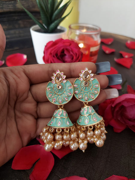 Traditional jhumka pair Pastel Colored Traditional Jhumka with White Drop Beads | Elegant Ethnic Earrings for Women