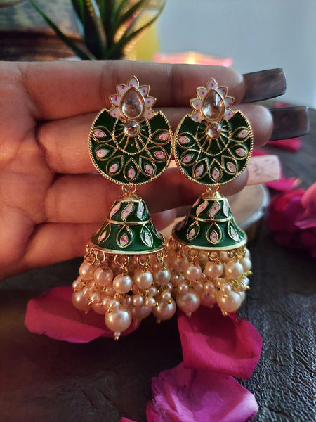 Traditional jhumka Elegant Gold Tone Green Jhumka Earrings with Intricate Work and Beaded Drop