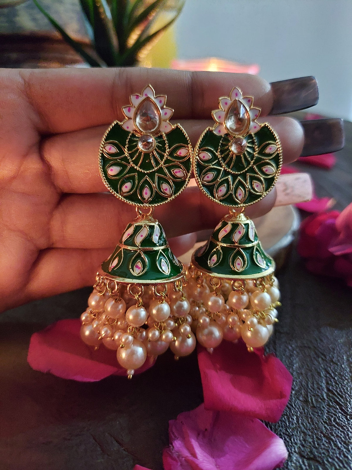 Traditional jhumka Elegant Gold Tone Green Jhumka Earrings with Intricate Work and Beaded Drop