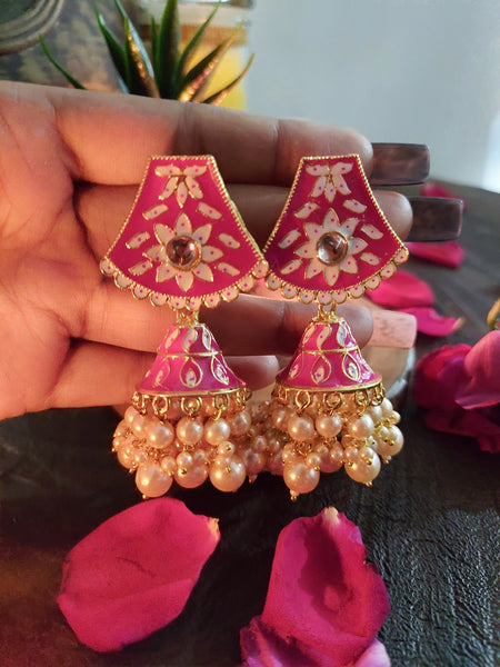 Traditional jhumka pair Stylish Fuchsia Jhumka Earrings with White Bead Drops – Ethnic Wear