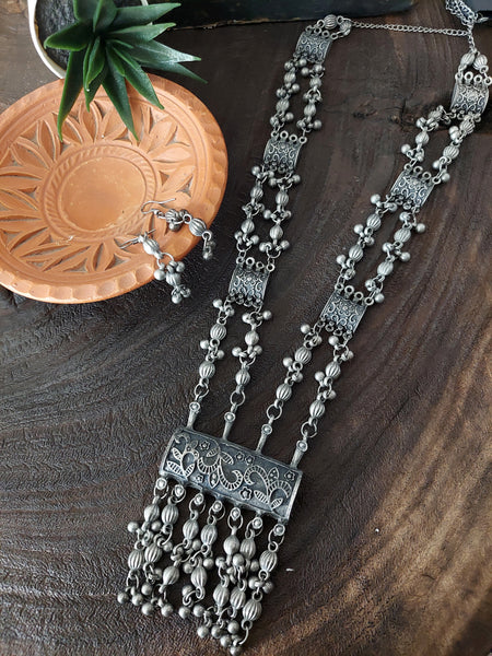 Antique Jewel Set Statement Oxidized Silver Long Necklace Set for Festive Wear