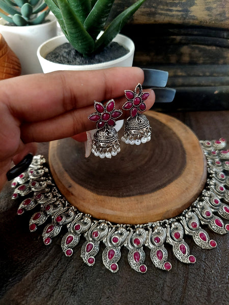 Classic red paisely Jewel Set Stylish Antique Silver Necklace Set with Red Stone and Matching Jhumka Earrings